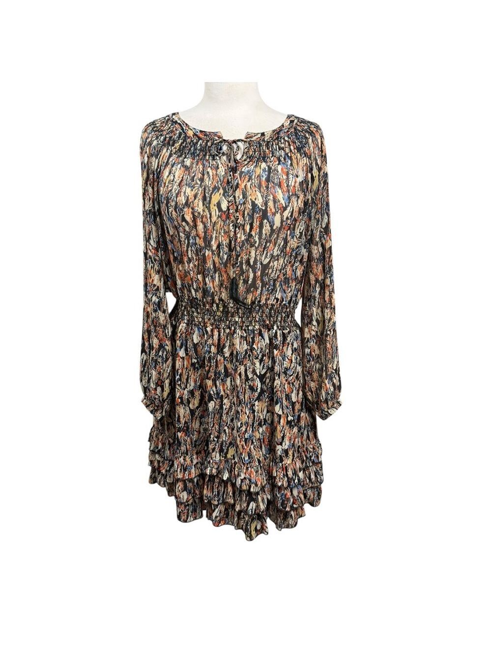 Scully‎ Feather Print Long Sleeve Boho Mini Dress Medium